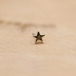 Kleine metalen ster met vijf punten op een houten oppervlak.